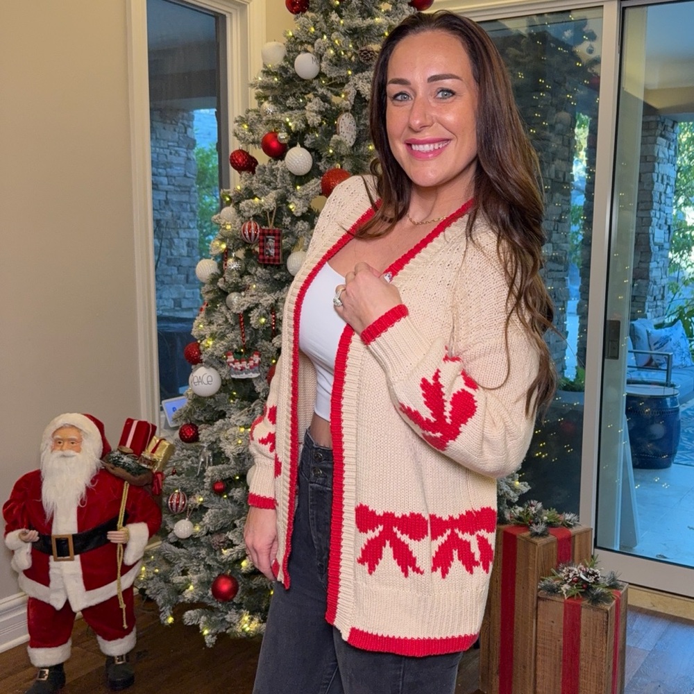 Apricot Red Bow Textured knit Cardigan